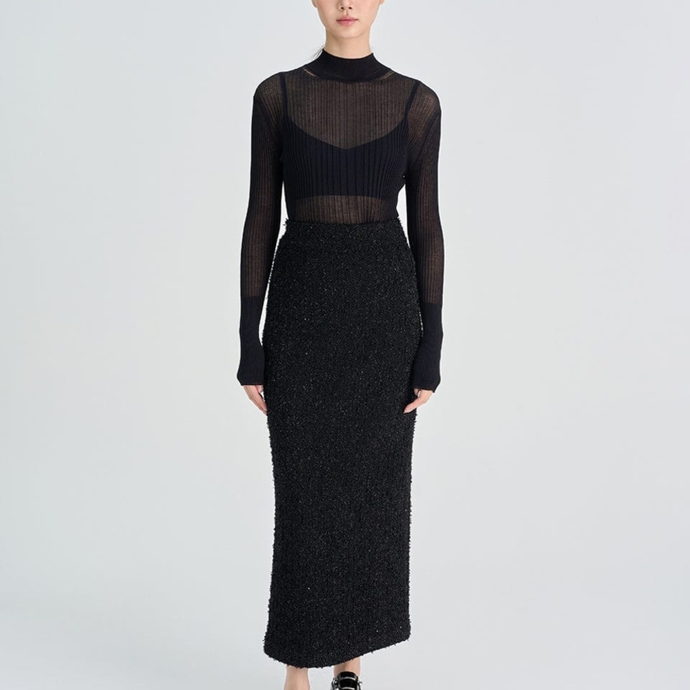 Black Tweed Pencil Skirt With Metallic Silver Flecks